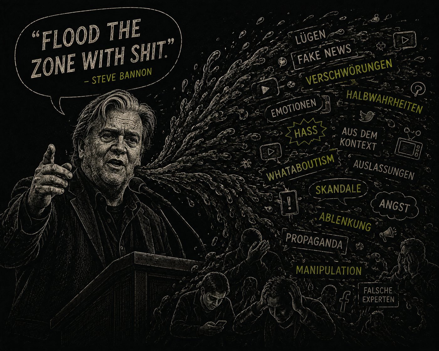 Steve Bannon am Rednerpult, aus seinem Mund ergießt sich eine Flut aus Lügen, Halbwahrheiten, Empörung und Ablenkung über die Zuhörer. Sprechblase: Flood the zone with shit.