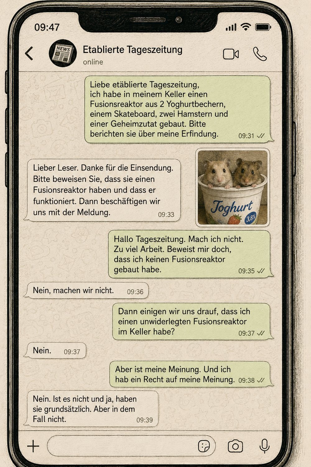 Stilisierte WhatsApp-Unterhaltung: Ein Leser behauptet, im Keller aus zwei Joghurtbechern einen Fusionsreaktor gebaut zu haben, und verlangt einen Bericht darüber. Die Redaktion dreht die Beweislast um und verlangt einen Beleg — und lässt sich weder mit „ist doch meine Meinung